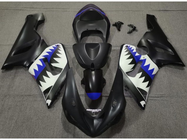 2005-2006 Matte Black and Blue Shark Kawasaki ZX6R Motorcycle Fairing UK 2005-2006 Matte Black and Blue Shark Kawasaki ZX6R Motorcycle Fairing UK