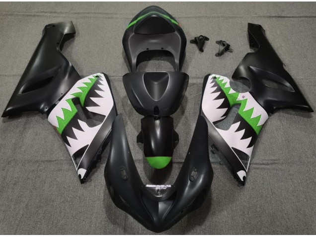2005-2006 Matte Black and Green Shark Kawasaki ZX6R Motorcycle Fairing UK 2005-2006 Matte Black and Green Shark Kawasaki ZX6R Motorcycle Fairing UK