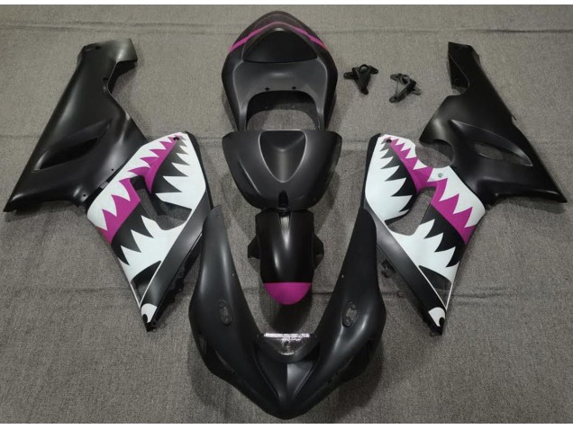2005-2006 Matte Black and Pink Shark Kawasaki ZX6R Motorcycle Fairing UK 2005-2006 Matte Black and Pink Shark Kawasaki ZX6R Motorcycle Fairing UK