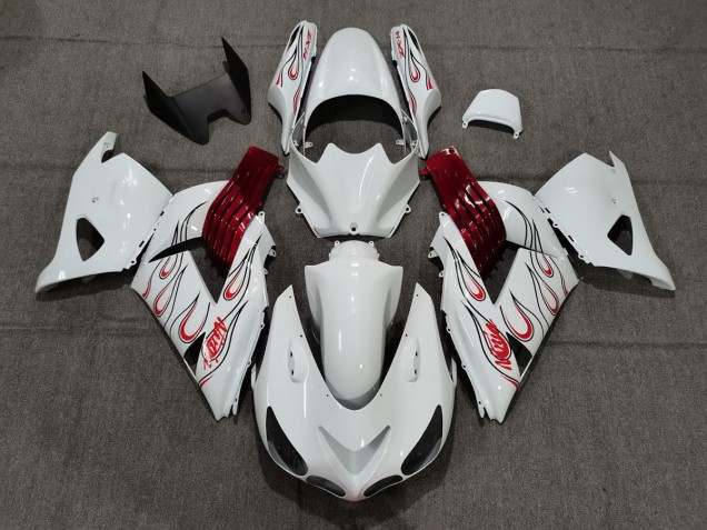 2006-2011 White Red Flame Kawasaki ZX14R Motorcycle Fairing UK 2006-2011 White Red Flame Kawasaki ZX14R Motorcycle Fairing UK