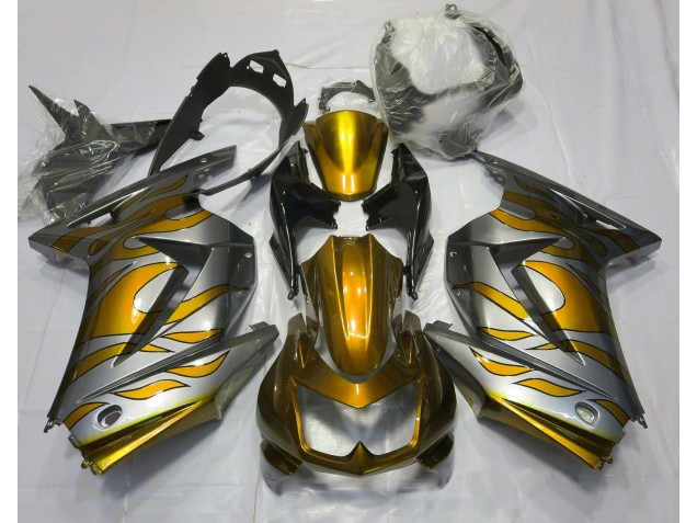 2008-2013 Gold and Silver Flame Kawasaki Ninja 250 Motorcycle Fairing UK 2008-2013 Gold and Silver Flame Kawasaki Ninja 250 Motorcycle Fairing UK